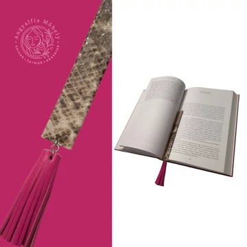 Olvasni jó! Mintás bőr könyvjelző, pink rojttal