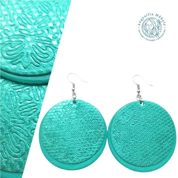 Türkizzöld, mintás Mandala bőr fülbevaló