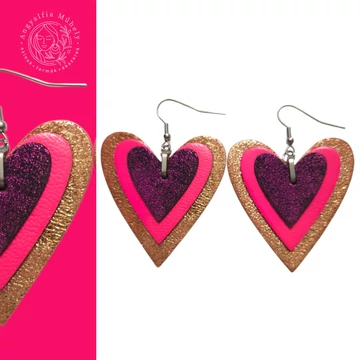 Purpur-réz narancs Kisszívem fülbevaló, neon pinkkel