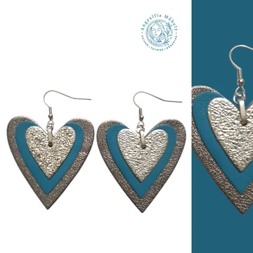Türkizkék-grafit Kisszívem bőr fülbevaló, ezüsttel