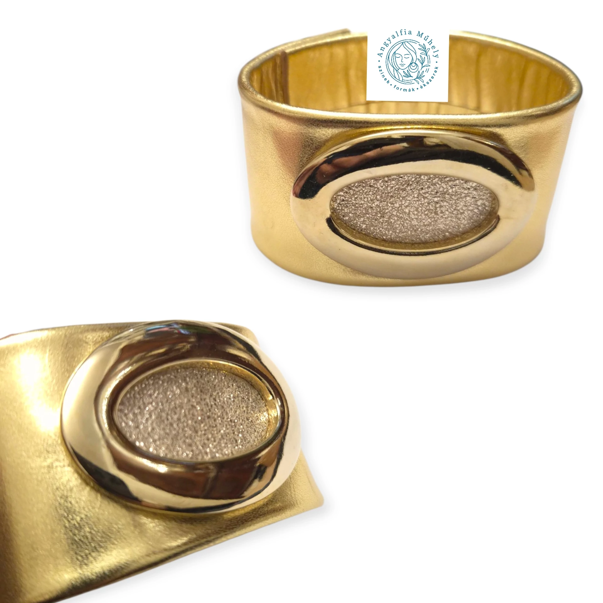 Gyönyörű arany színű bőr karkötő fémdísszel