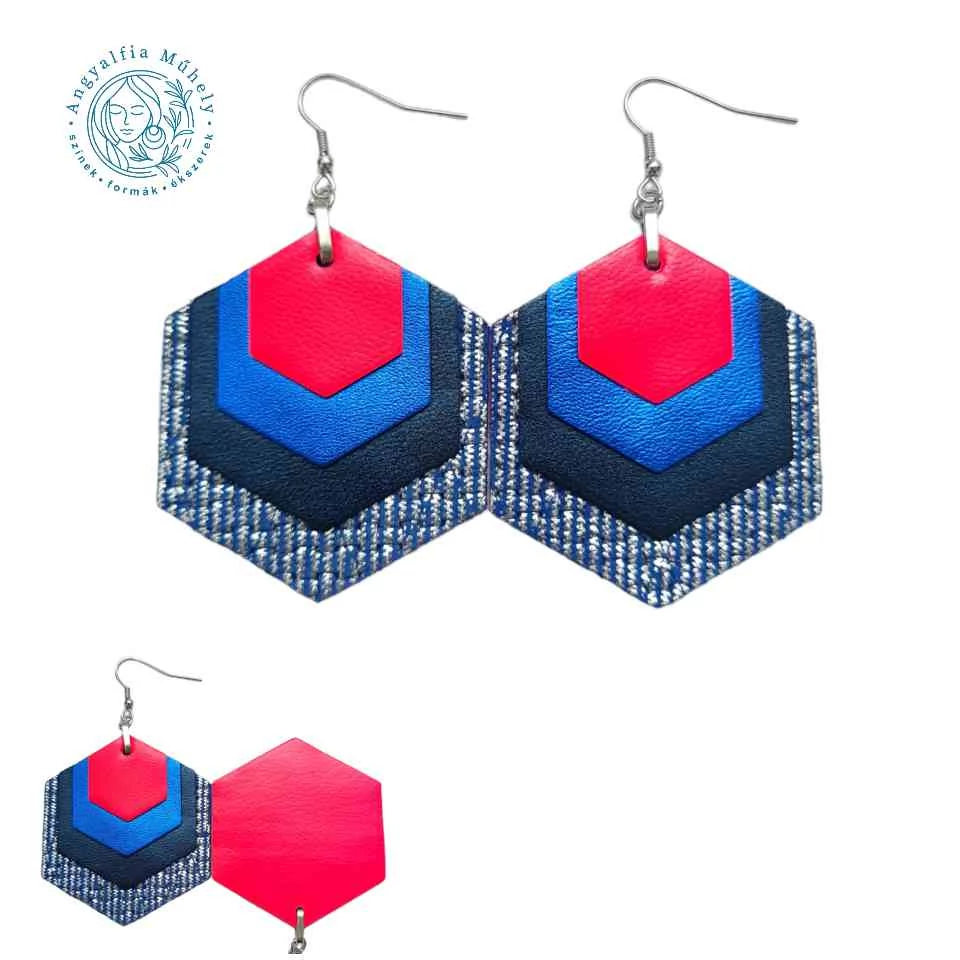 Kék-ezüst hexagon bőr fülbevaló, neon pinkkel