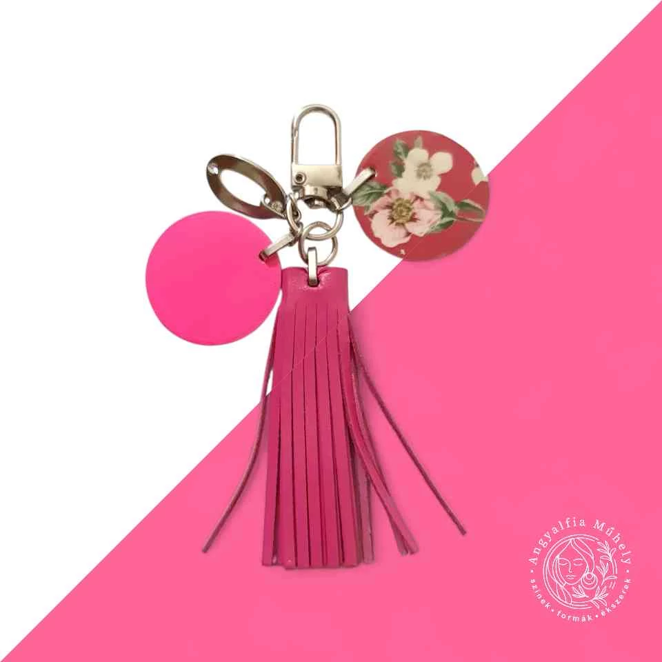 Neon pink, virágmintás táskadísz és kulcstartó