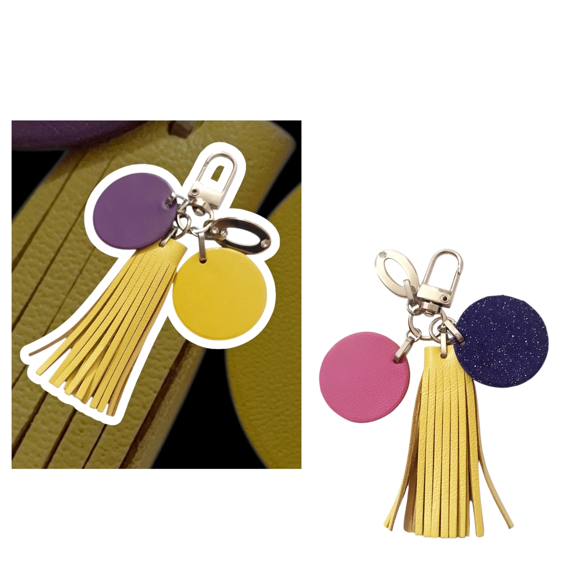 Lila-pink táskadísz és kulcstartó, sárga rojttal